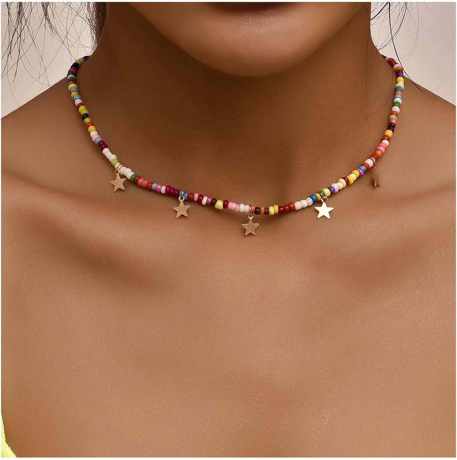 Boho Rainbow Beaded Choker Necklace Dangle Star Necklace Chain Beach Bead Choker Necklace Colorful Seed Bead Necklace Jewelry for Women - Image 6