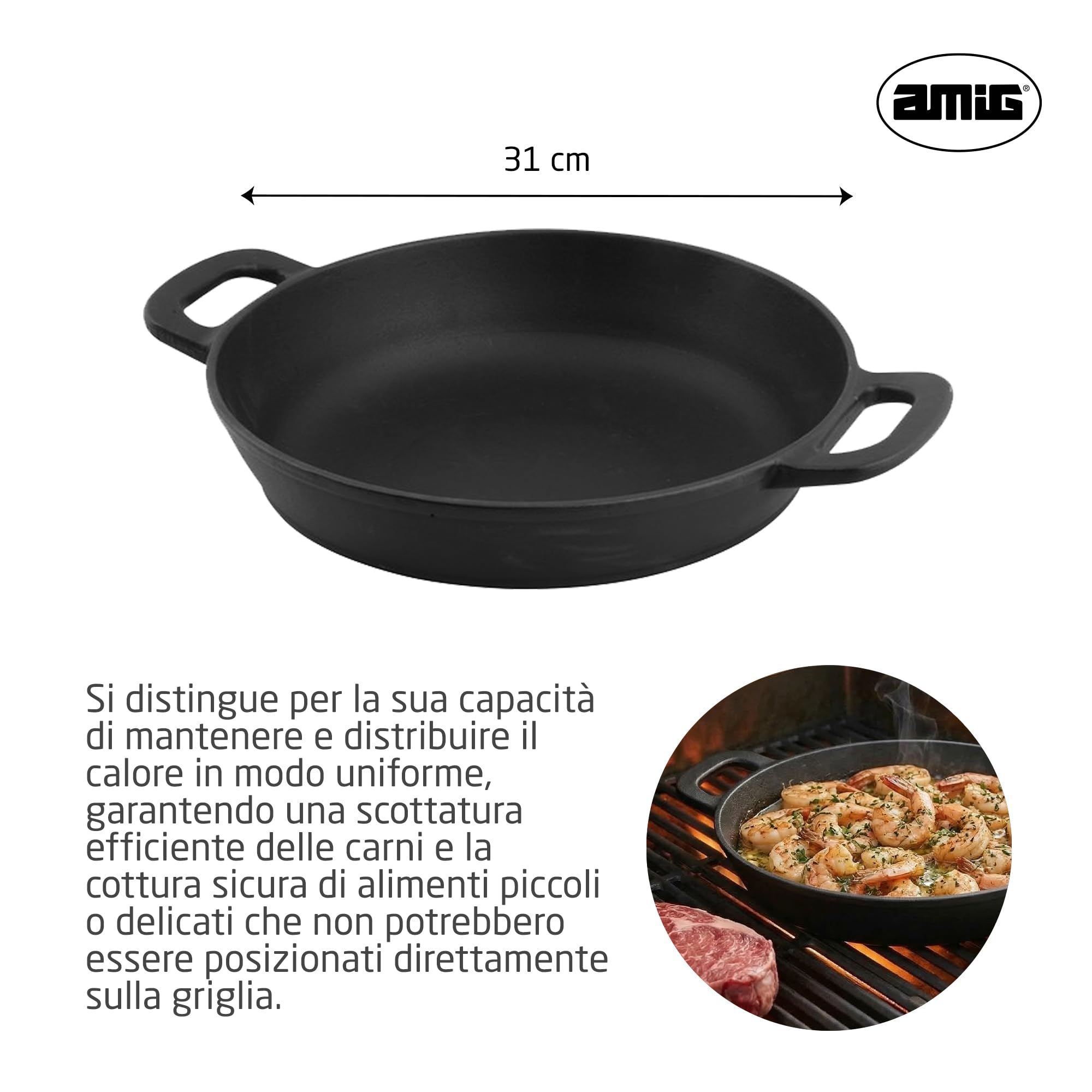 Amig - Wok in Ghisa - Ø31 cm - Distribuzione Uniforme del Calore e Alta Resistenza - Per Barbecue a Carbone o Gas - Mod. AM38