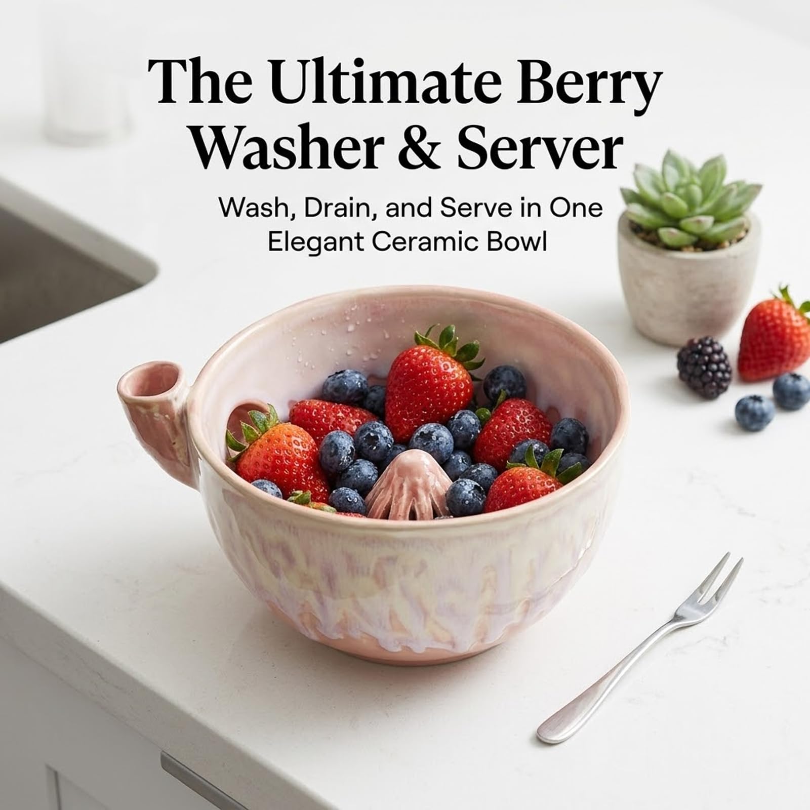 Self Spinning Berry Washing Bowl Ceramic, Beerenwaschschüssel Keramik, Berry Washing Bowl Ceramic, Keramik-Beerenwaschschale mit Abfluss – Waschschüssel, Sieb und Spülkorb für Obst (Pink (6.29in))