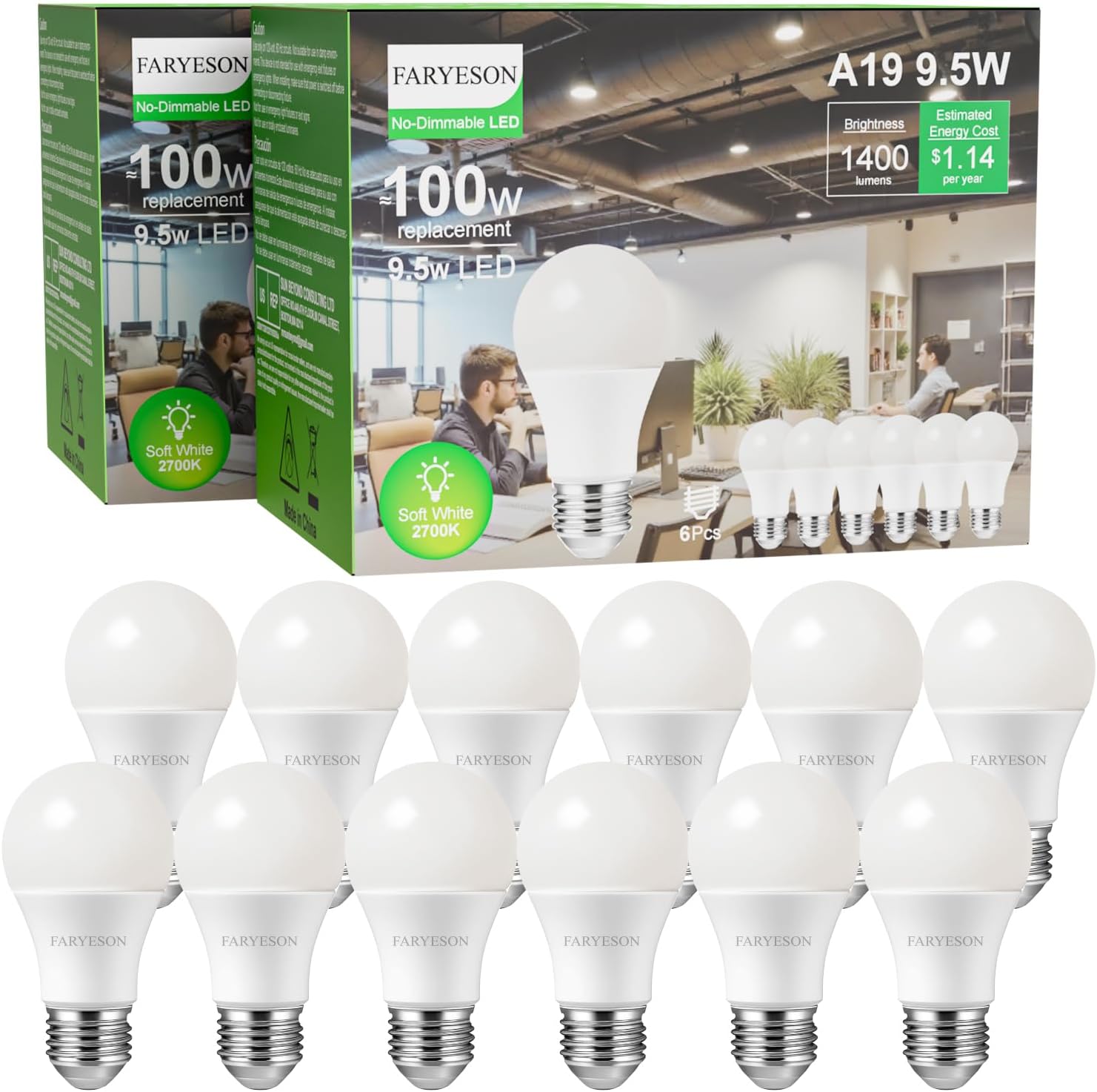 A19 E26 LED Light Bulbs, Energy-Efficient 9.5W, 1400 Lumens, 100 Watt Equivalent, 2700K Soft White, 30,000 Hour Lifetime, Non-Dimmable, IP20, Frosted - Pack of 12