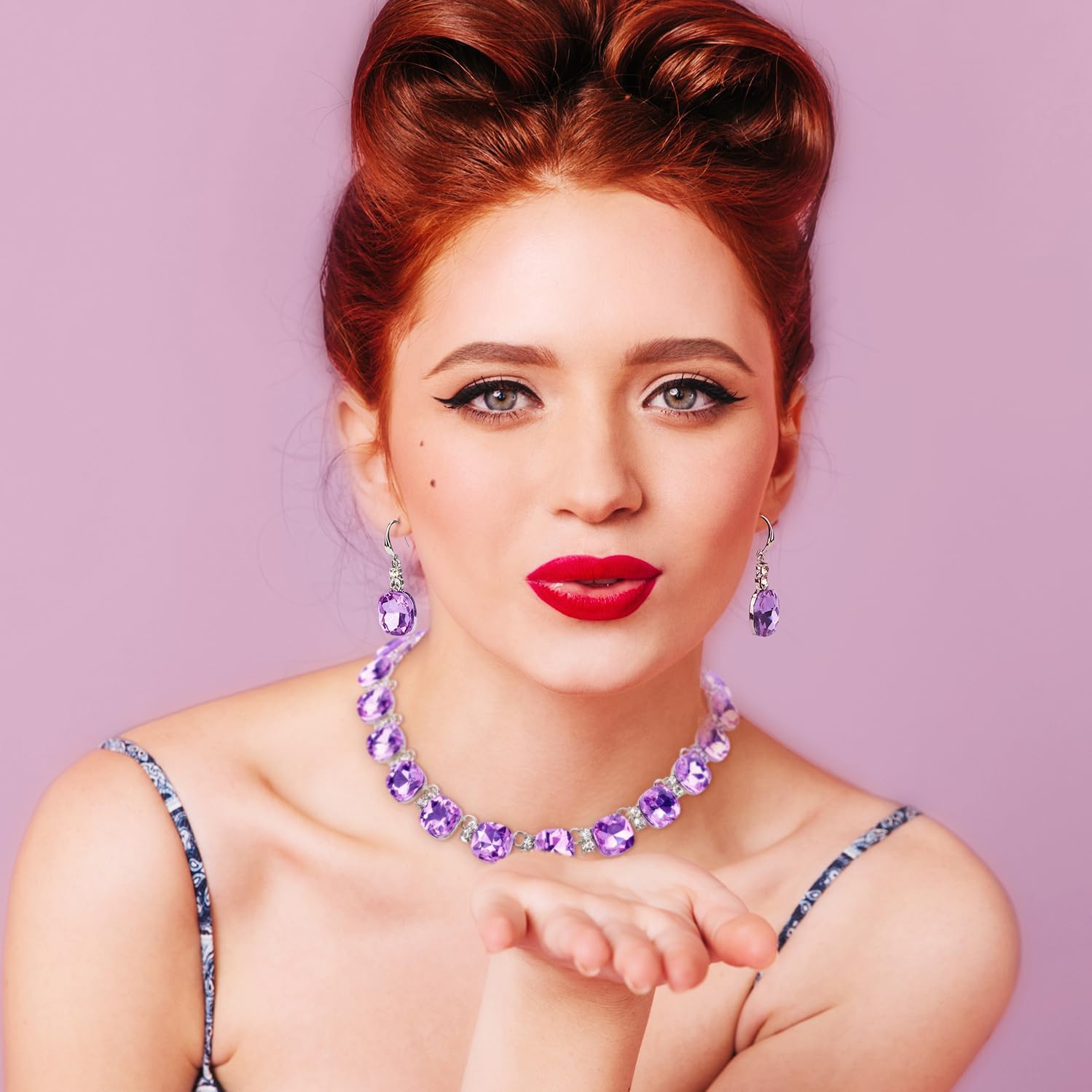 Clear Purple Austrian Crystal Wedding Bridal Jewelry Set for Brides Bridesmaid, Gemstone Statement Necklace and Earring Set Formal Prom Jewelry Set for Silver-Tone Fit With Wedding Evening Dress - Image 2