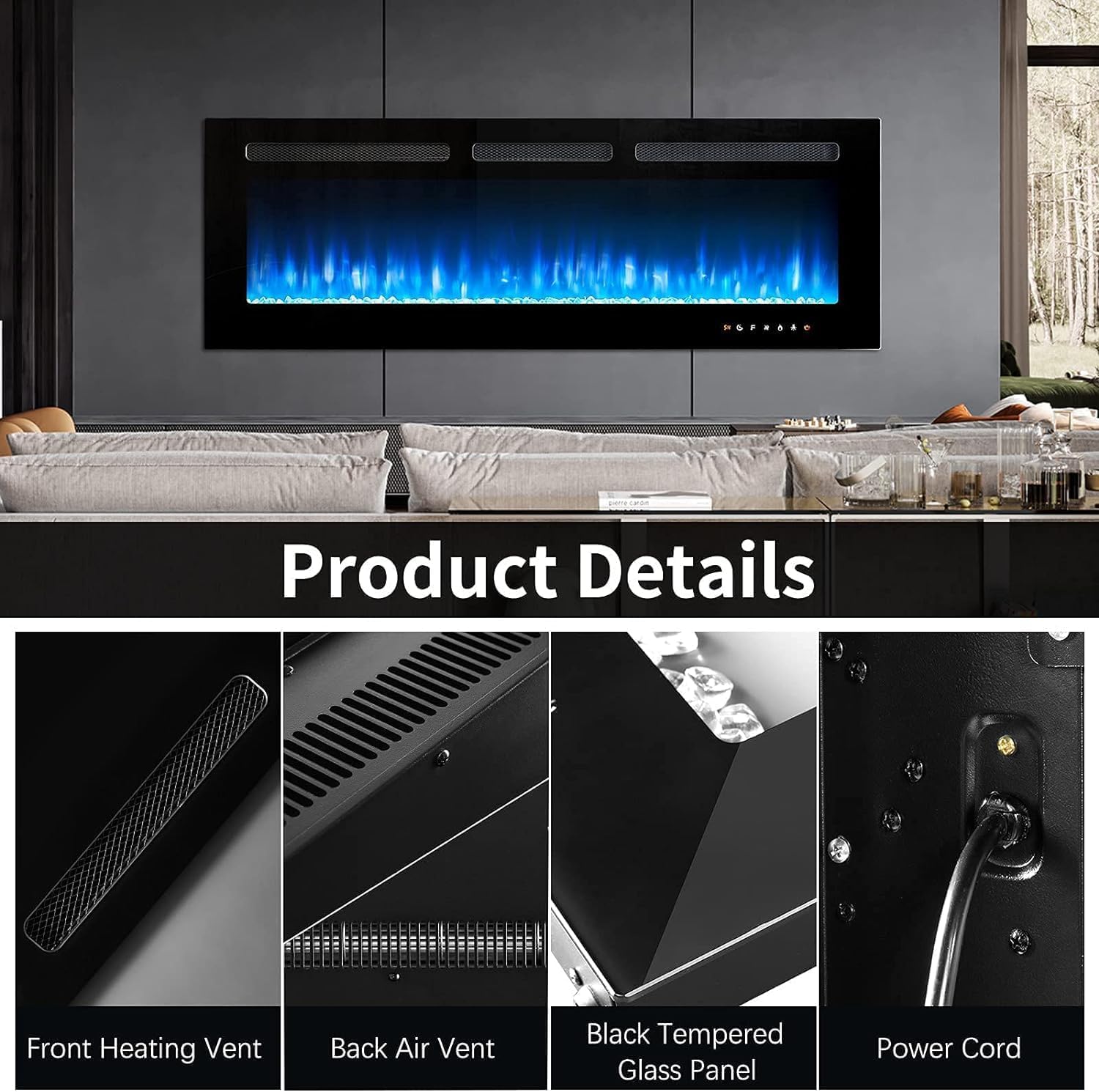 Electric Fireplace, 50 inch Wide Recessed/Wall Mounted Electric Fireplace, Remote Control with Timer, 12 Adjustable Color Flame, Log Set & with Crystal Stone, 750/1500W