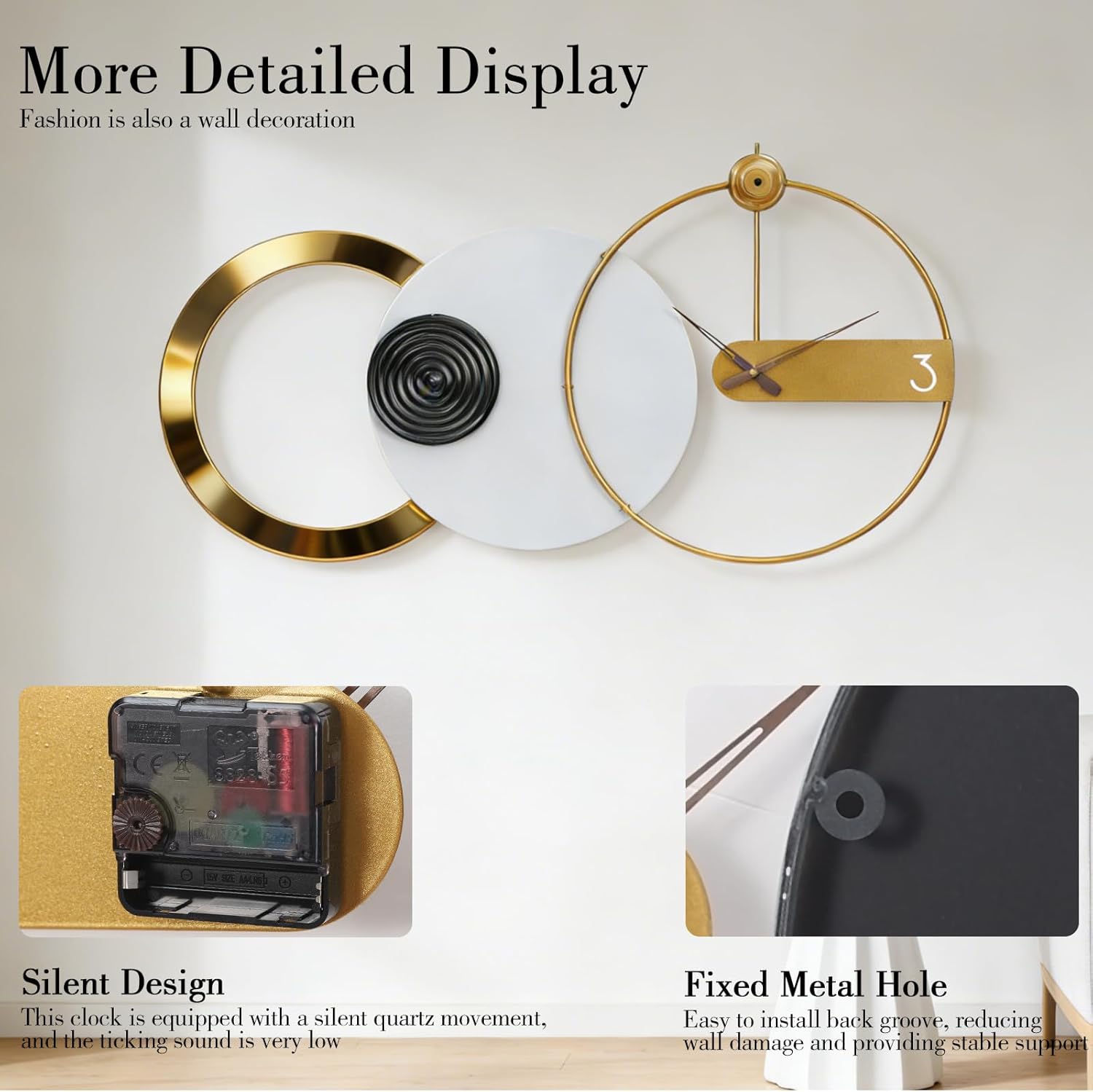 Modern Luxury Geometric Wall Clock, Large 3D Gold Metal Ring Abstract Art, Silent Non-Ticking, for Living Room Bedroom Office Decor, 17.7"x33.26"