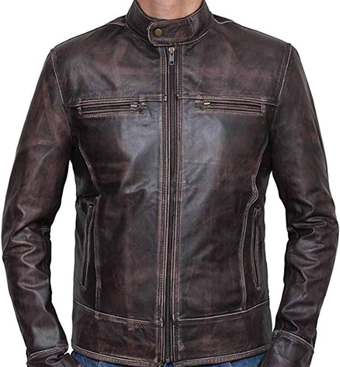 SID Mens Military Brown Tough Lambskin Leather Jacket, Biker Jacket
