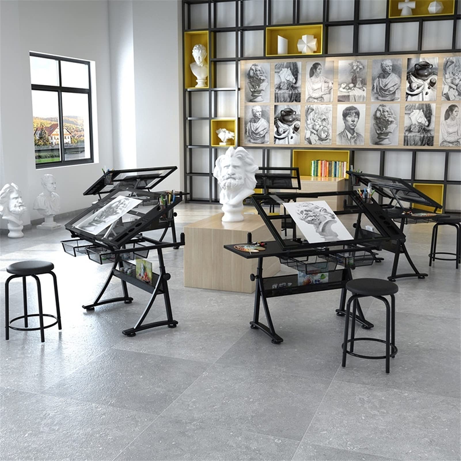 Mesa De Arte De Dibujo De Altura Ajustable, Escritorio De Artistas Mesa De Vidrio Inclinable Estación De Trabajo De Pinturas con Cajón De Almacenamiento, Estación De Trabajo De Artesanía De Escritur