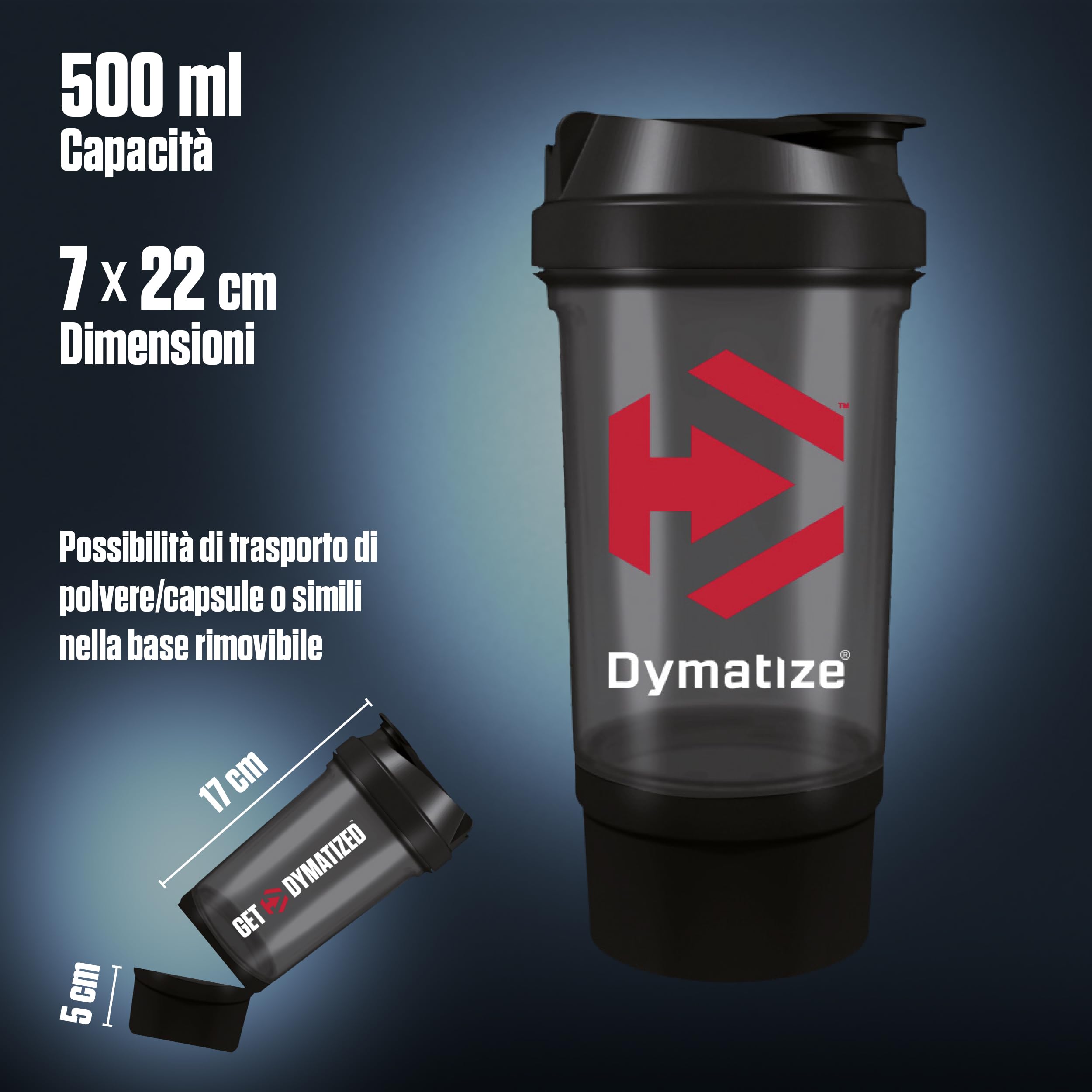 Dymatize Protein Shaker 500 ml con scomparto polvere & capsule – ermetico, lavabile in lavastoviglie, senza BPA & DEHP