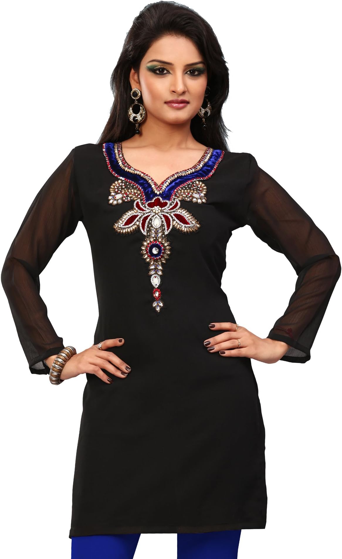 Maple Clothing Indian Tunics Long Kurti Top Blouse Womens India Apparel (Black, XXL)