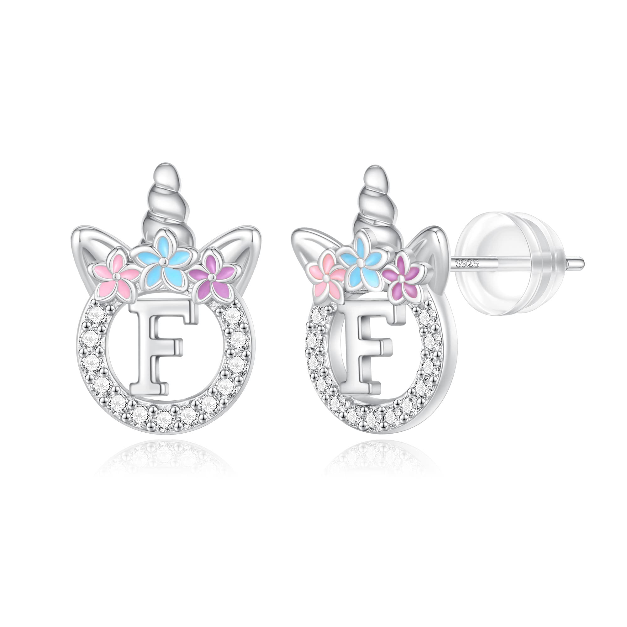 Unicorn Earrings Gifts for Girls - 925 Sterling Silver Stud Earrings Hypoallergenic Initial Unicorn Earring for Girls Kids Jewelry CZ Birthday Gifts