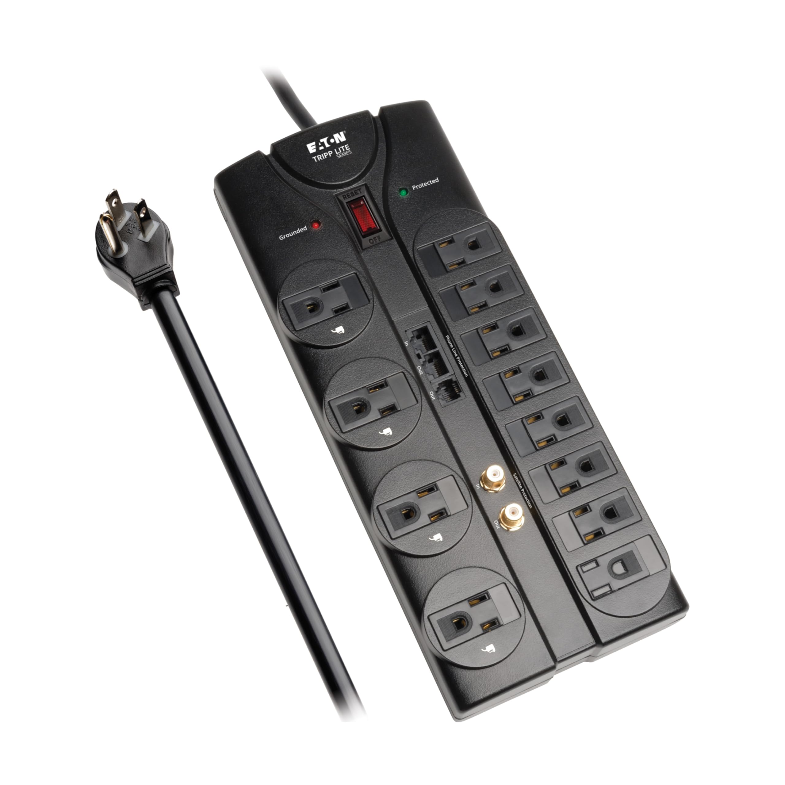 Eaton Tripp Lite TLP1208SAT Home Theater Surge Protector Power Strip, 12 Outlets, Flat Plug 8ft Extension Cord, 2880 Joules Coax, RJ11 and RJ45 Port for Phone, TV, WiFi Router, & Ethernet Protection