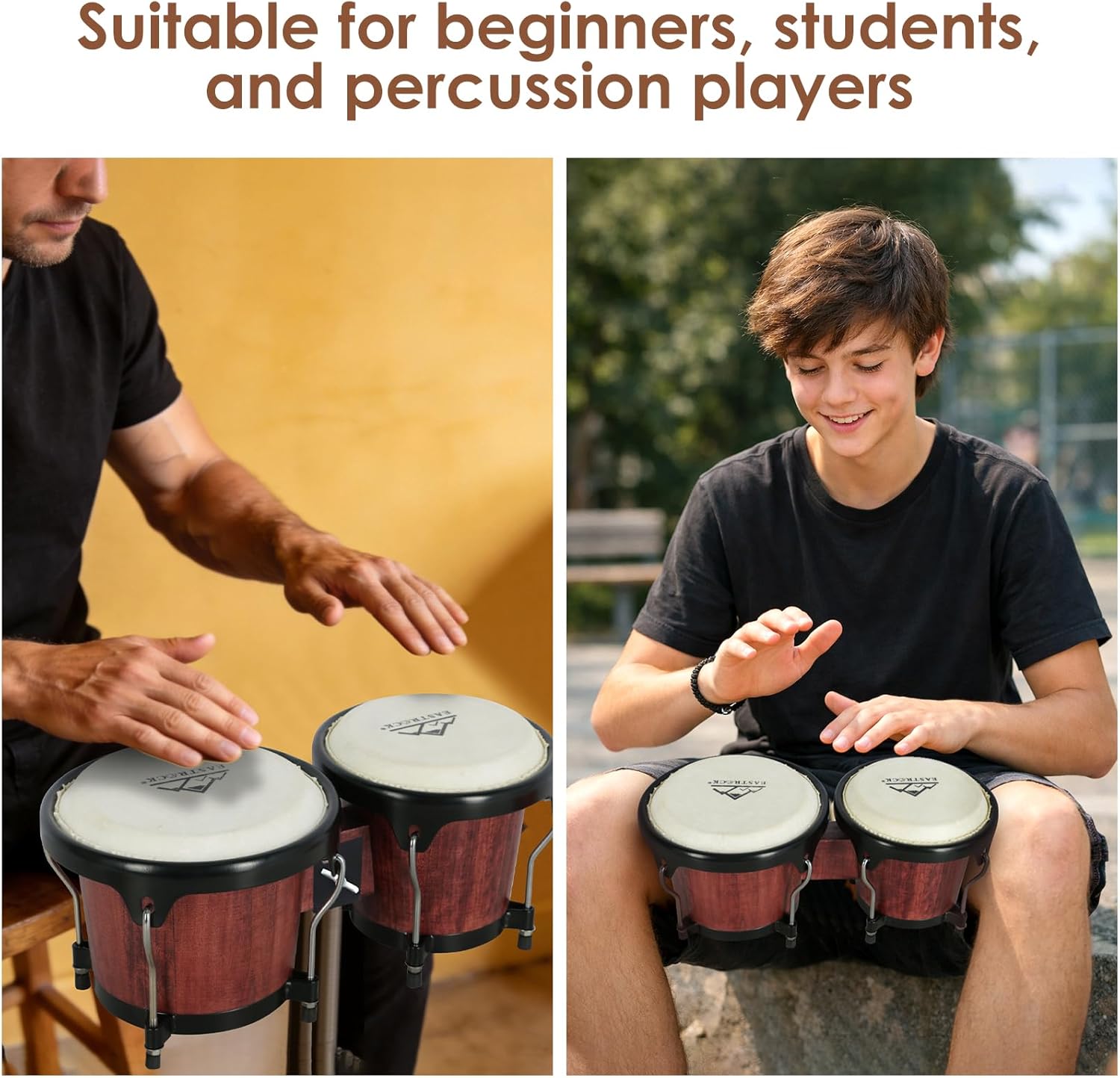 EASTROCK Bongo Drum 6″ and 7″ Set for Beginners Students Adults Professionals, Natural Animal Skin Heads, Solid Wood Shell, Tunable Drum Percussion Instruments Bongos with Bag and Tuning Wrench-Red