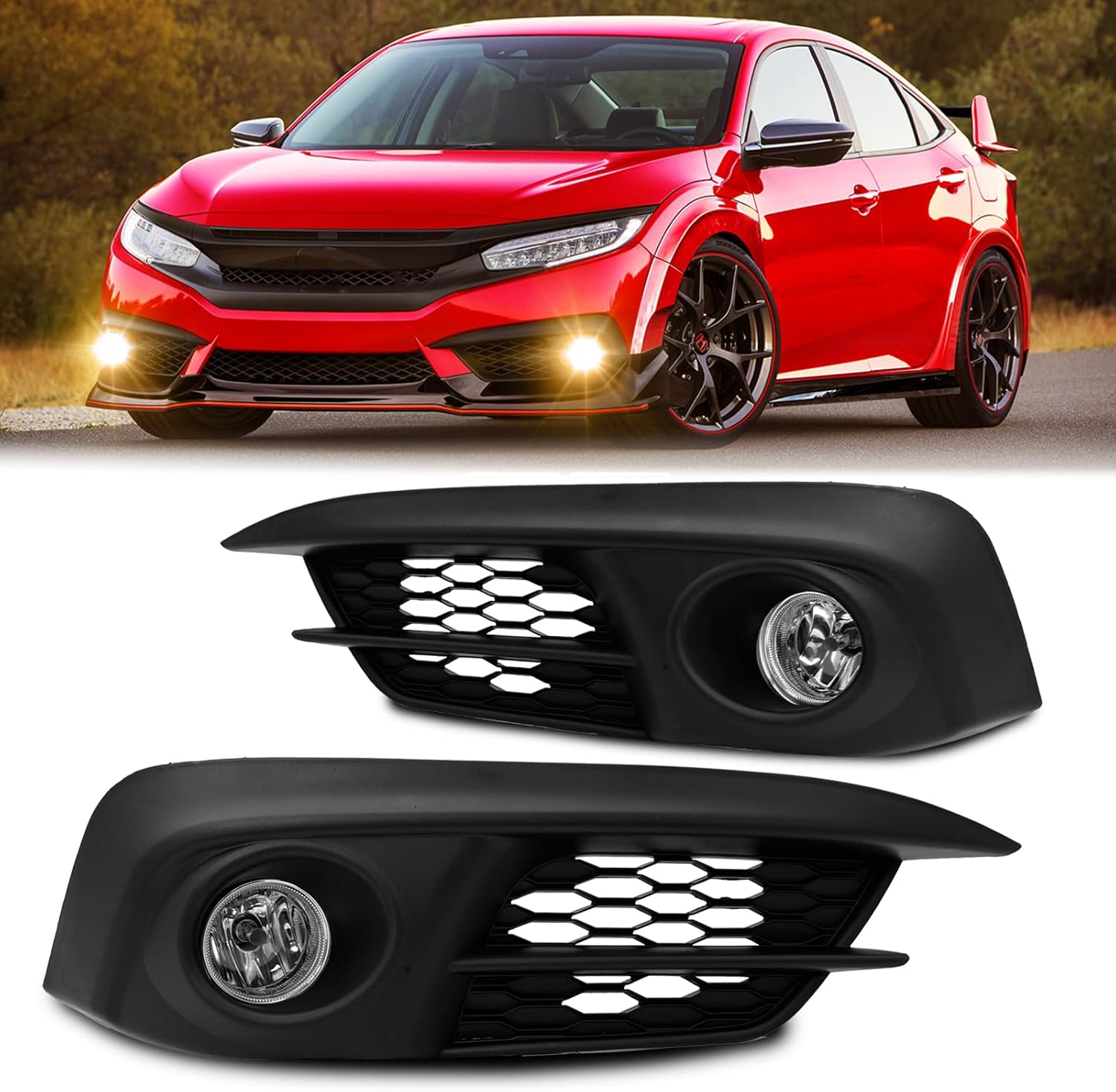 Fog Lights Assembly Compatible With Honda Civic 2016-2018 Included Switch And Wiring Kit OEM Part Number:HO2592143 HO2593143 71108TBAA10 71103TBAA10 HO1038129 HO1039129(Clear Lens)