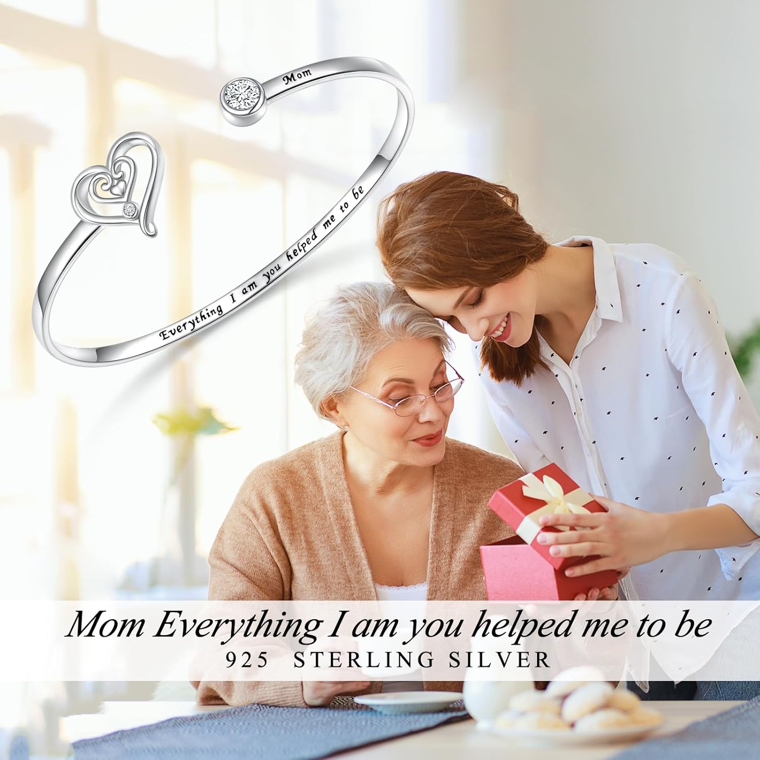 925 Sterling Silver Mother Daughter Bracelet Engraved Inspirational Heart Cuff Bracelet Mother's Day Birthday Jewelry Gifts for Mom and Daughter