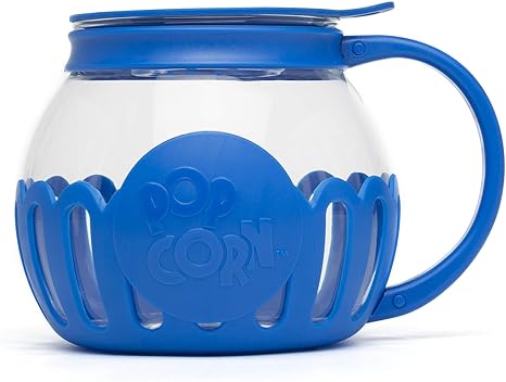 Ecolution Patented Micro-Pop Microwave Popcorn Popper with Temperature Safe Glass, 3-in-1 Lid Measures Kernels and Melts Butter, Made Without BPA, Dishwasher Safe, 1.5-Quart, Blue