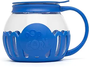Ecolution Patented Micro-Pop Microwave Popcorn Popper with Temperature Safe Glass, 3-in-1 Lid Measures Kernels and Melts Butter, Made Without BPA, Dishwasher Safe, 1.5-Quart, Blue