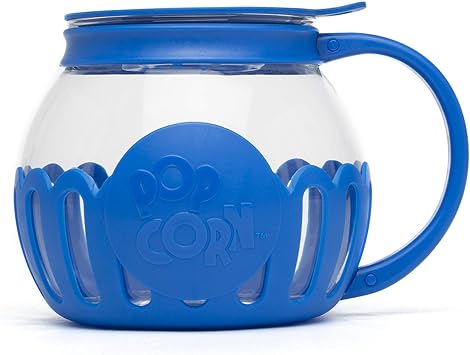 Ecolution Patented Micro-Pop Microwave Popcorn Popper with Temperature Safe Glass, 3-in-1 Lid Measures Kernels and Melts Butter, Made Without BPA, Dishwasher Safe, 1.5-Quart, Blue