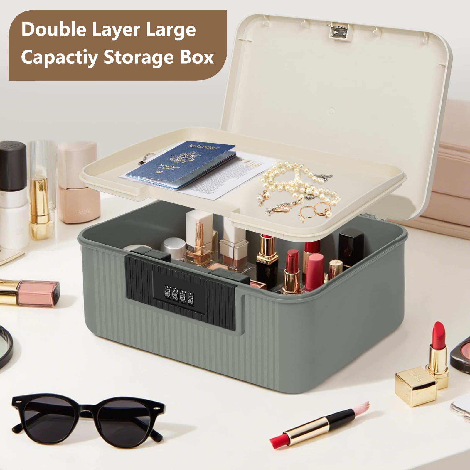 Serrure à combinaison à 2 couches en ABS, 34 x 29 x 12 cm, boîte de rangement verrouillable pour casier de bureau, téléphones portables, médicaments, collations, bonbons, coffre-fort personnel