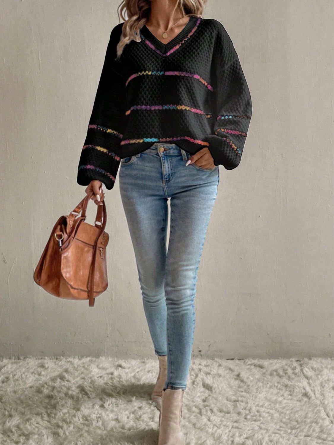 Chvity Women's Colorful Stripes V Neck Knit Sweater Fall Fashion Drop Shoulder Long Sleeve Pullover Sweater - Image 6