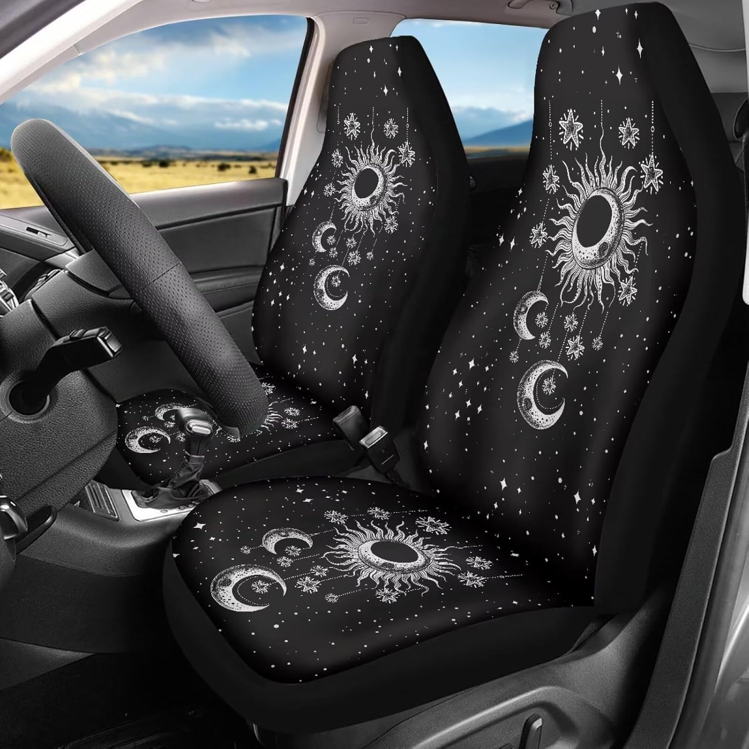 Crown Print Car Seat Cover, King Queen Stretchy Bucket Vehicles Seat Covers for 2 Front Seats Only, Breathable Auto Seat Cover Universal Fit for SUV Sedan Truck, Black