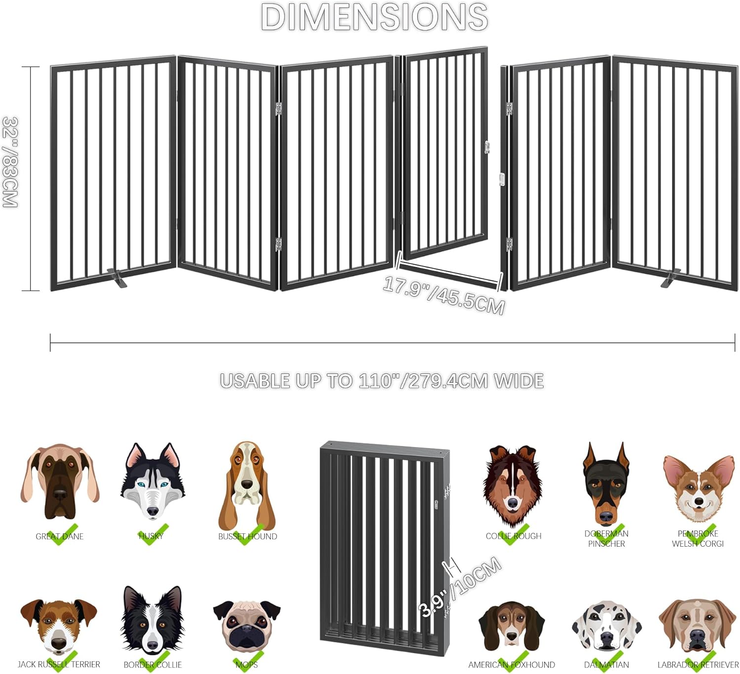 Vantas Folding No-Assembly Metal Pet Gate 120" Wide, 32" Extra Tall Dog Gate with Door Walk Through, Freestanding Accordion Puppy Gate Dog Door for Indoor & Outdoor, with 2PCS Support - Black