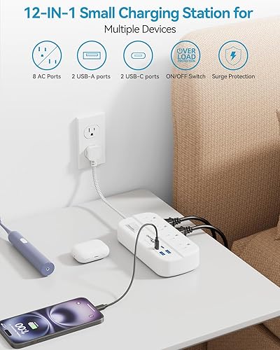 Miniatura 10 de Cable de extensión plano de 15 pies, múltiples tomacorrientes, 6 tomas amplias con 3 puertos USB (1 USB C), regleta de alimentación de enchufe plano