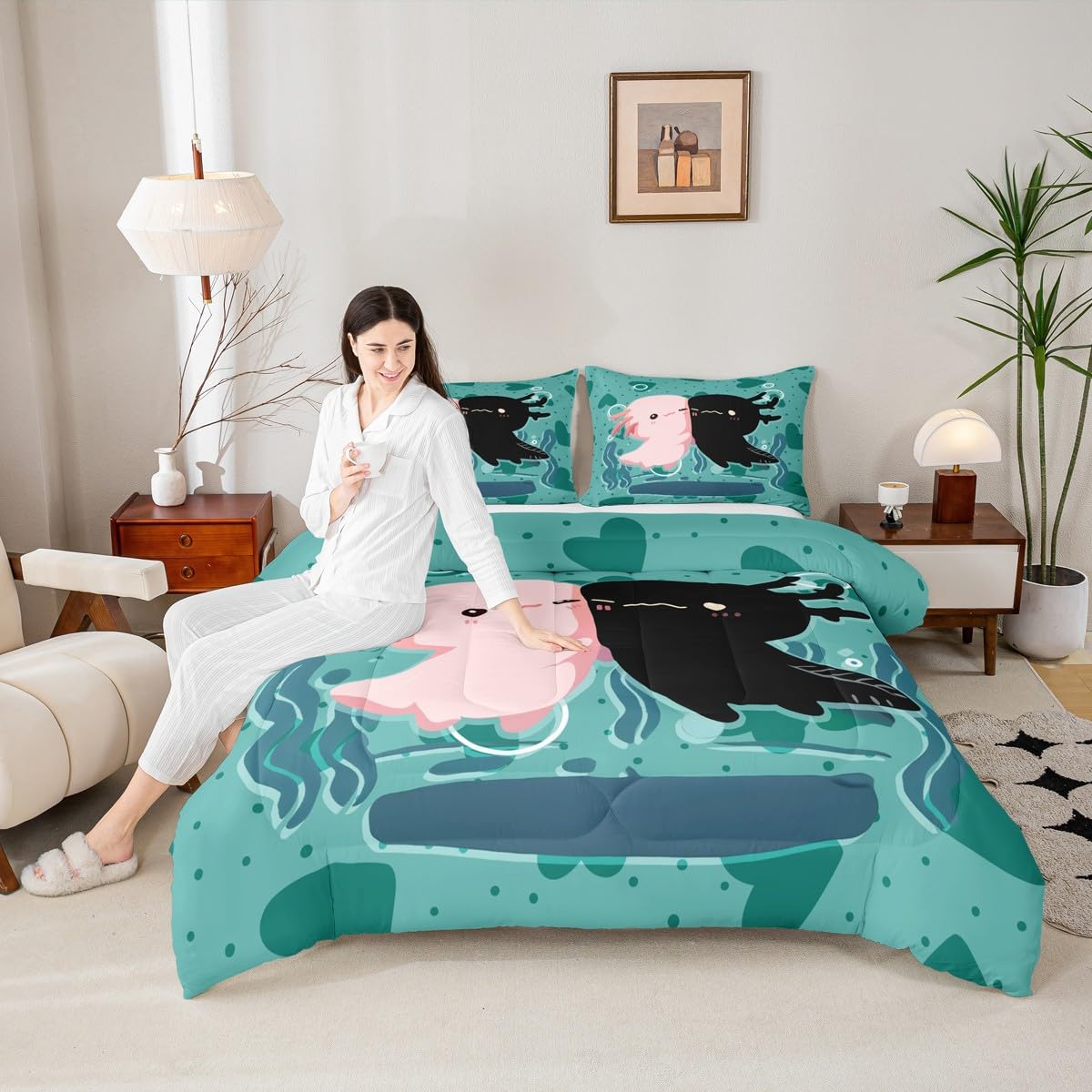 Axolotl Kawaii Comforter Set Axolotl Lovers Bedding Set for Kids Girls Women Adults Cartoon Sea Animals Comforter Cute Salamander Quilted Duvet Set Bedroom Collection Twin Size 2Pcs