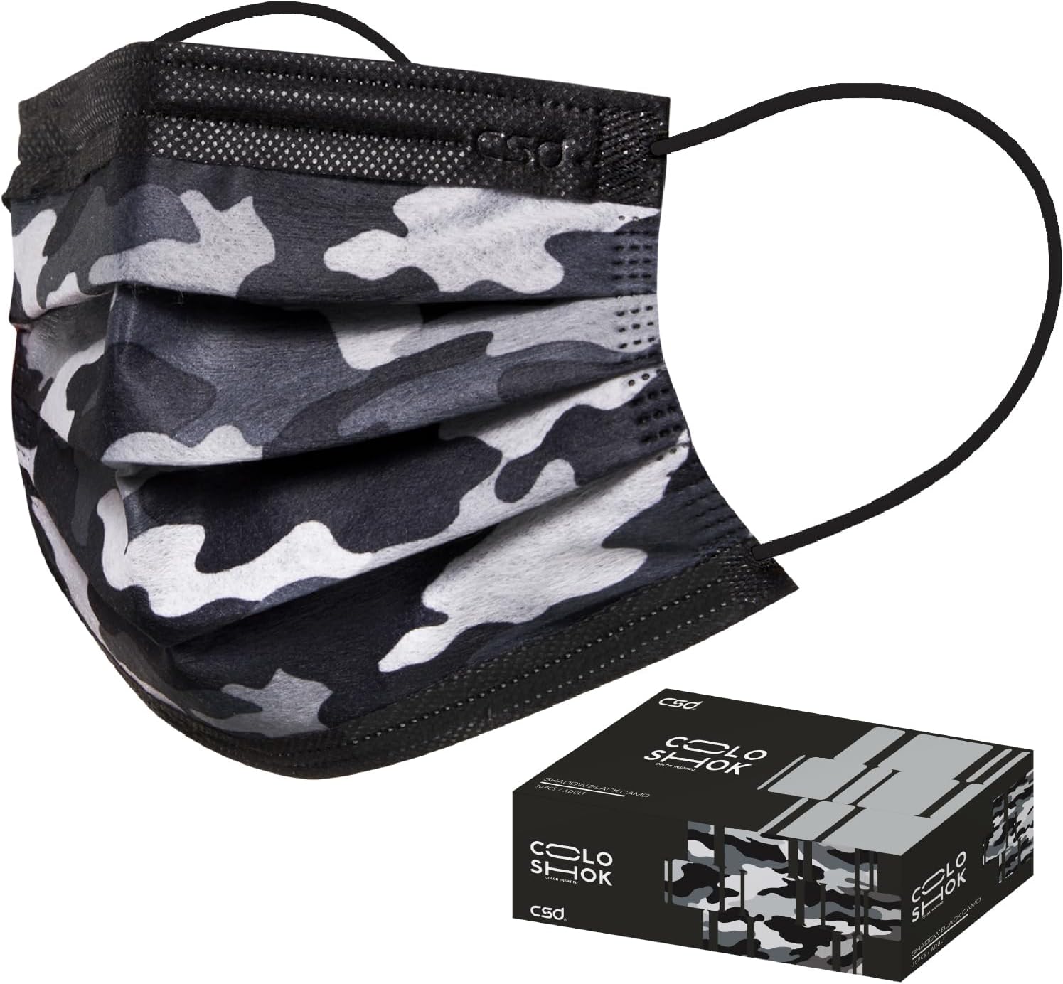 CSD Colo 30 Pcs Black Camo Disposable Face Masks, 3 Ply Adult Mask with Elastic Ear Loop, Nose Bridge Clip, Breathable Comfortable Mask Great for Indoor, Outdoors Use (Shadow Black Camo)