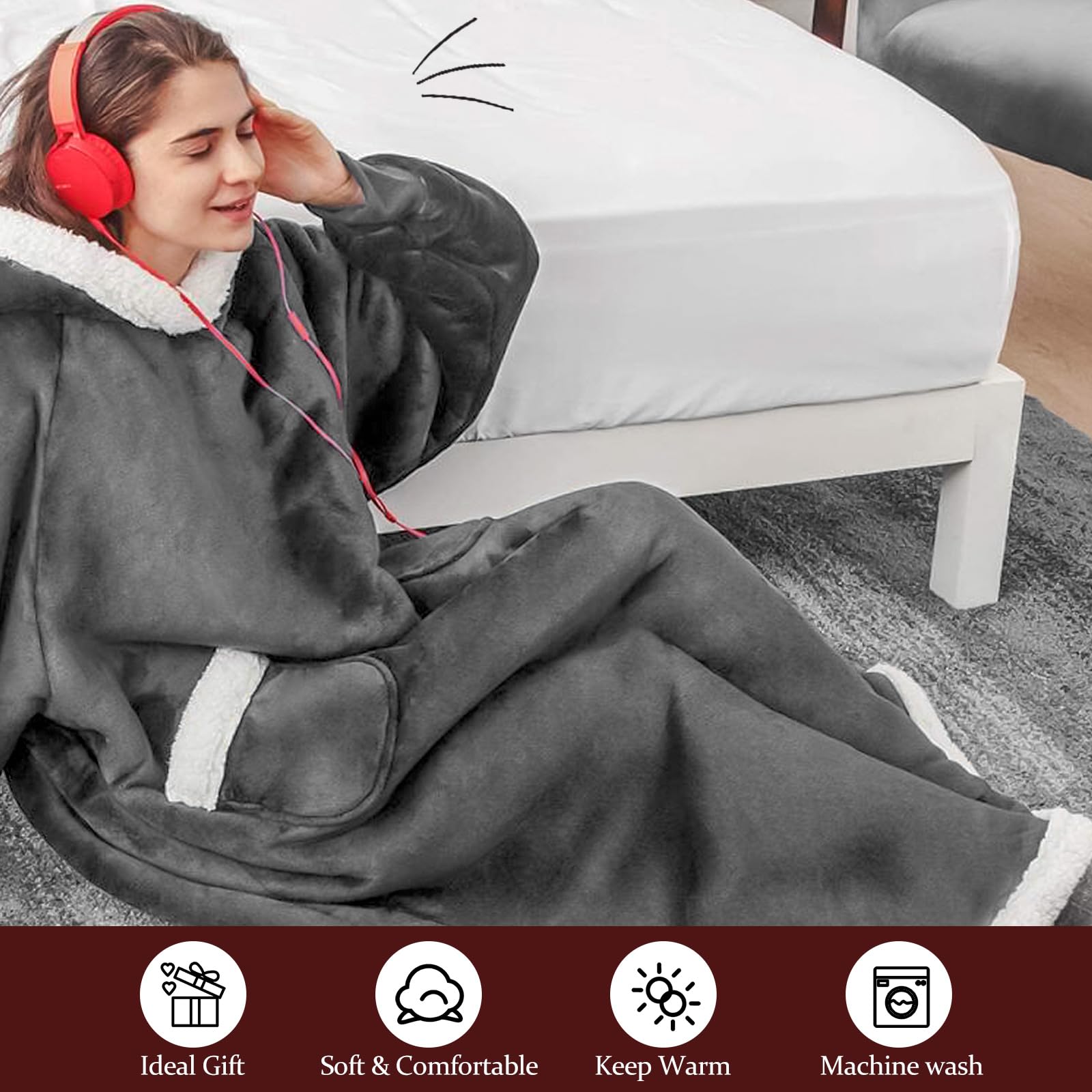 FEELJAM Coperta con cappuccio Coperta con maniche Plaid con manica Felpa donna plaid Coperta gigante con maniche - 80 x 150 cm, Grigio scuro