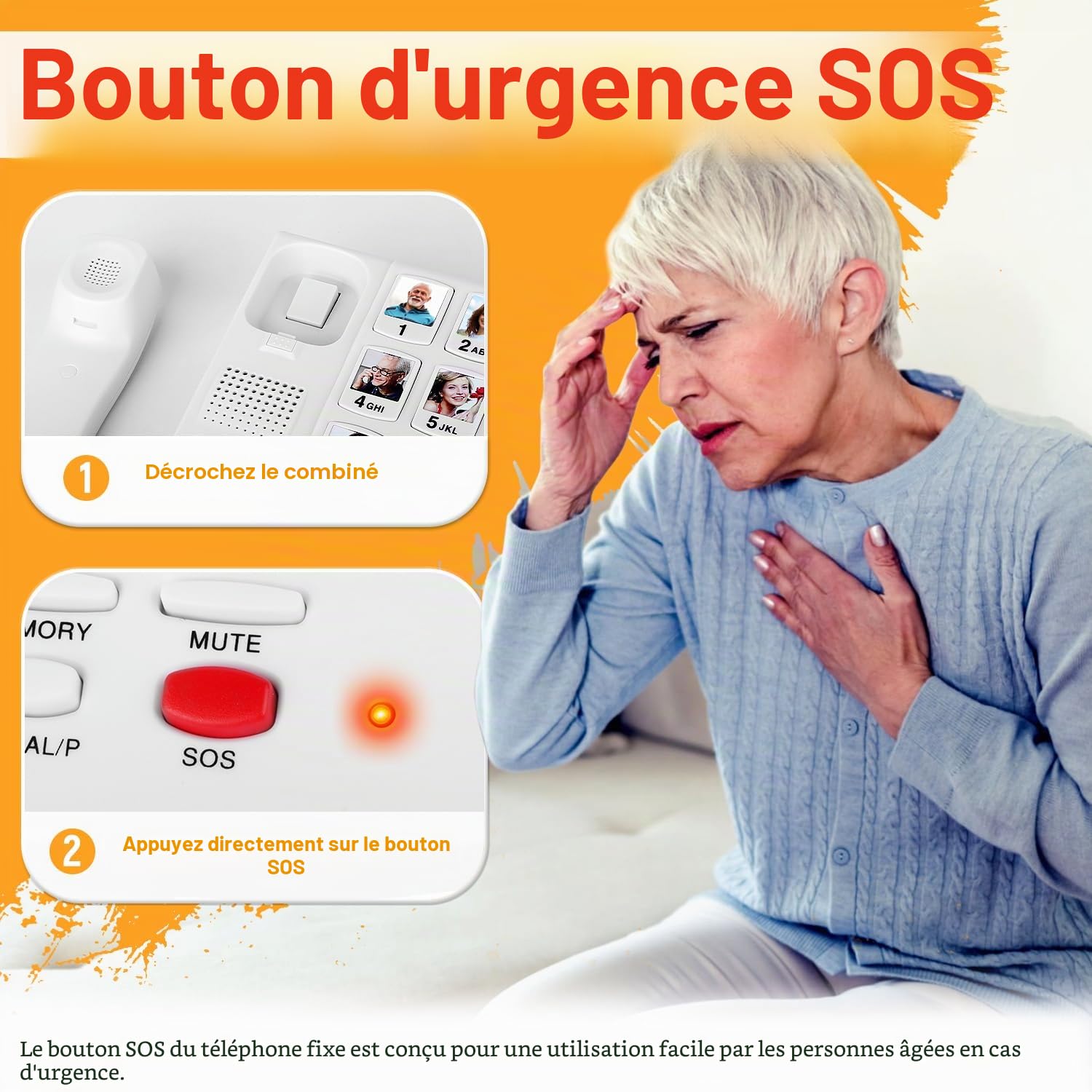 Téléphone à Gros Boutons pour Personnes âgées, téléphones Fixes Uvital pour Personnes âgées avec 10 Gros Boutons de numérotation à Une Touche, téléphone Fixe Filaire avec Bouton d'urgence SOS, Photo