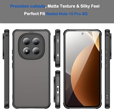 Ultra Thin Matte Case for Xiaomi Redmi Note 15 Pro 4G, Military Grade Drop Protection, Frosted Translucent PC Back & Soft TPU Edge Bumper Cover, Black