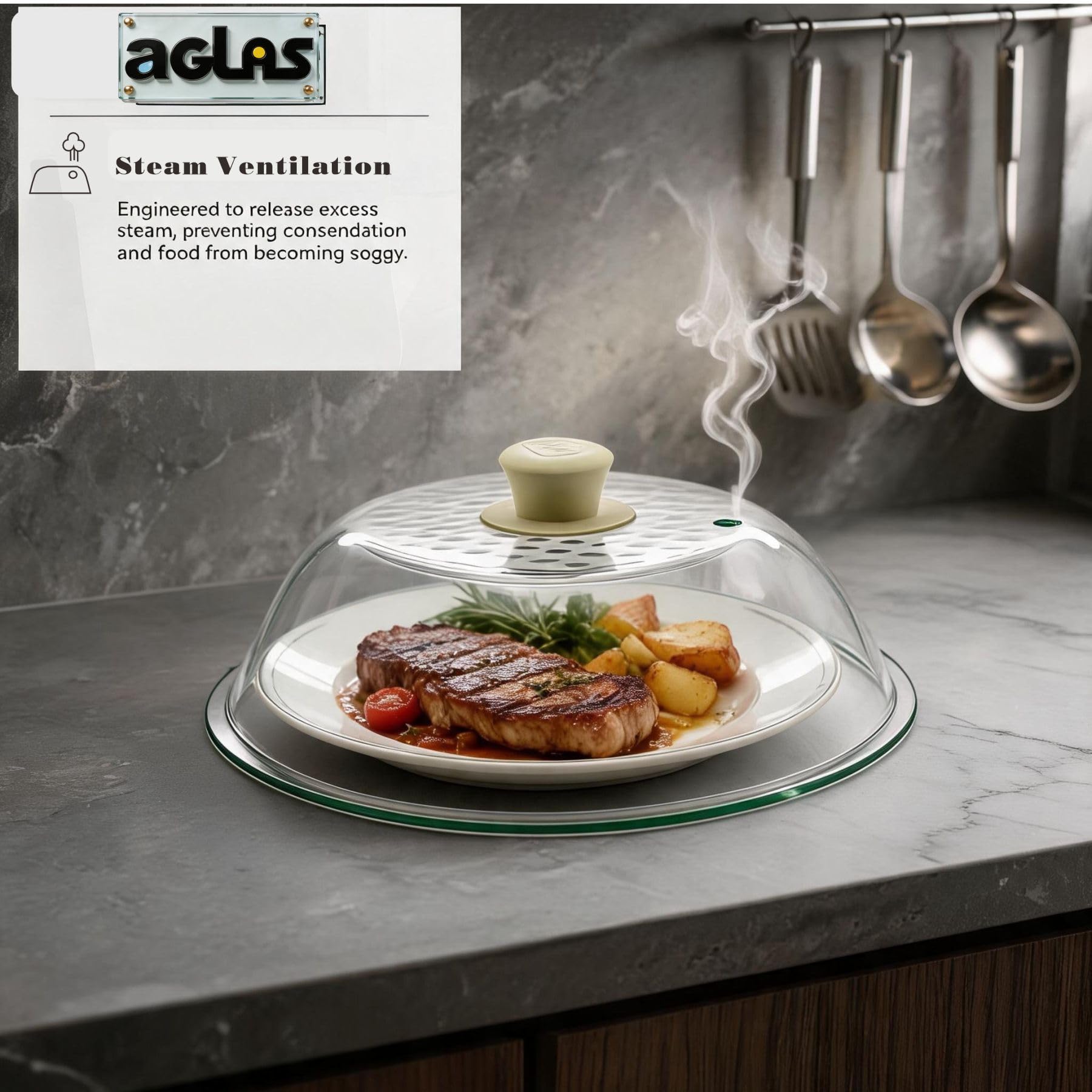AGLAS - Copertura per microonde in vetro temperato leggero – 293 mm (interno 266 mm)/11,5" (diametro interno 26,5 cm) – resistente al calore – coperchio in vetro resistente con sfiato