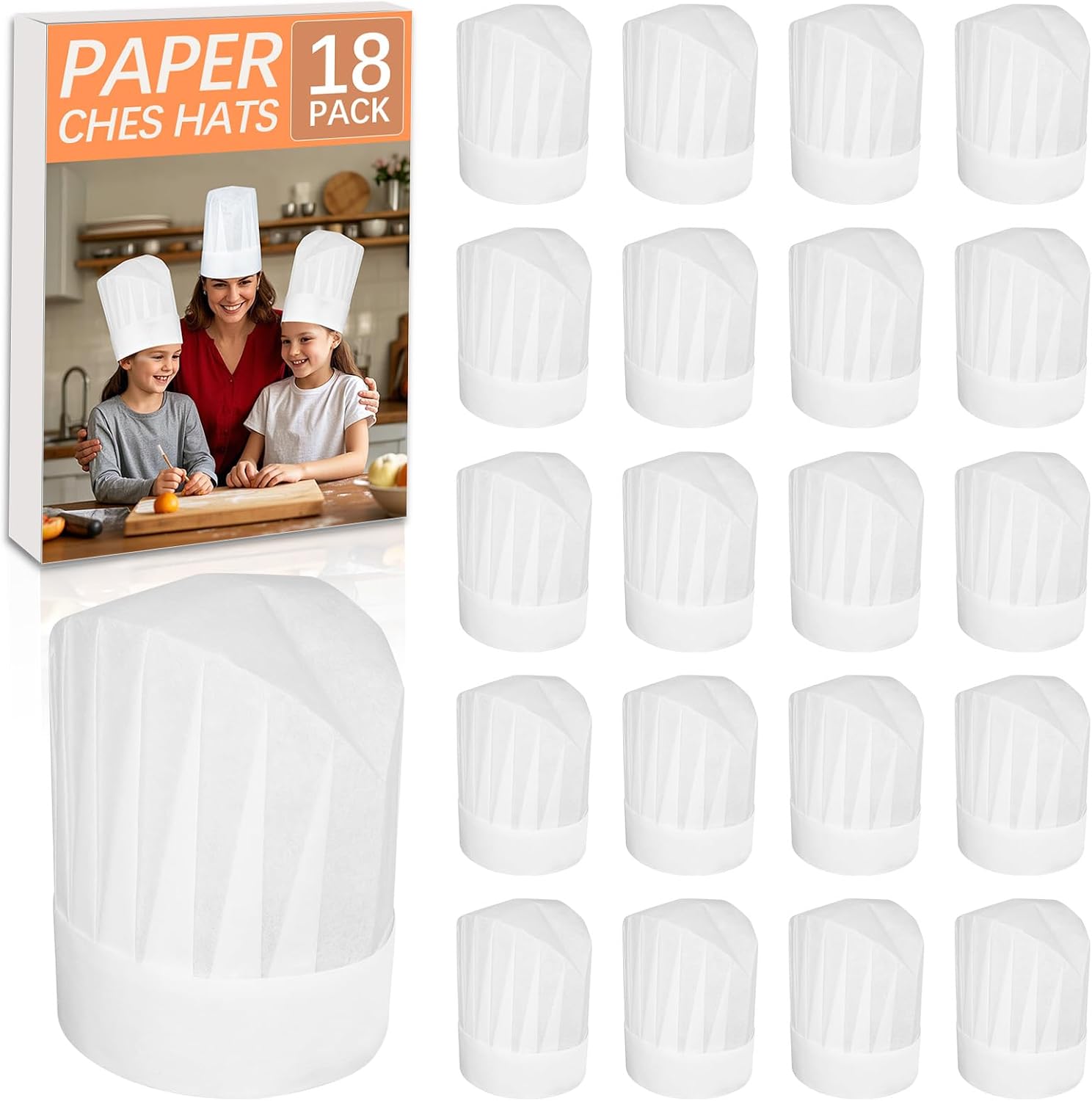 18 Pack Chef Hats for Kids, Disposable Paper Chefs Hat Bulk DIY Kids Chef Cap for Baking, Cooking, Activity, Pizza Party