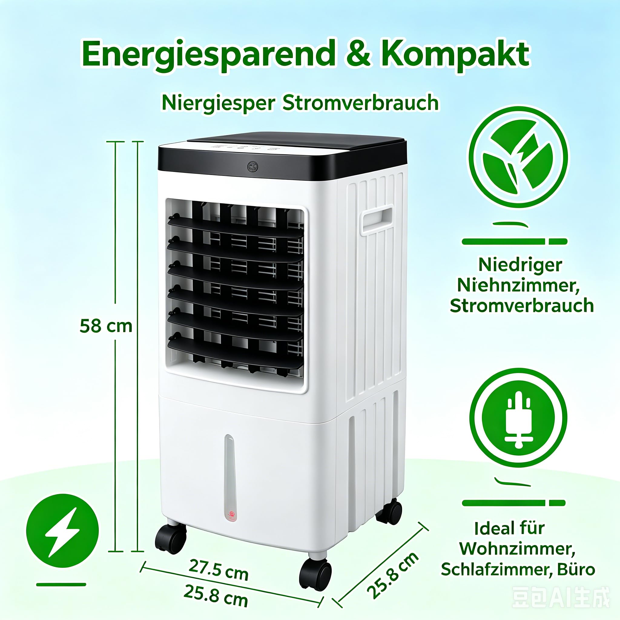 Verdunstungsluftkühler Mobiler Klimagerät Ohne Abluftschlauch | 10L Wassertank, 3 Geschwindigkeiten, Fernbedienung, 7h Timer, Oszillation, Energiesparend für Wohnzimmer Büro Schlafzimmer