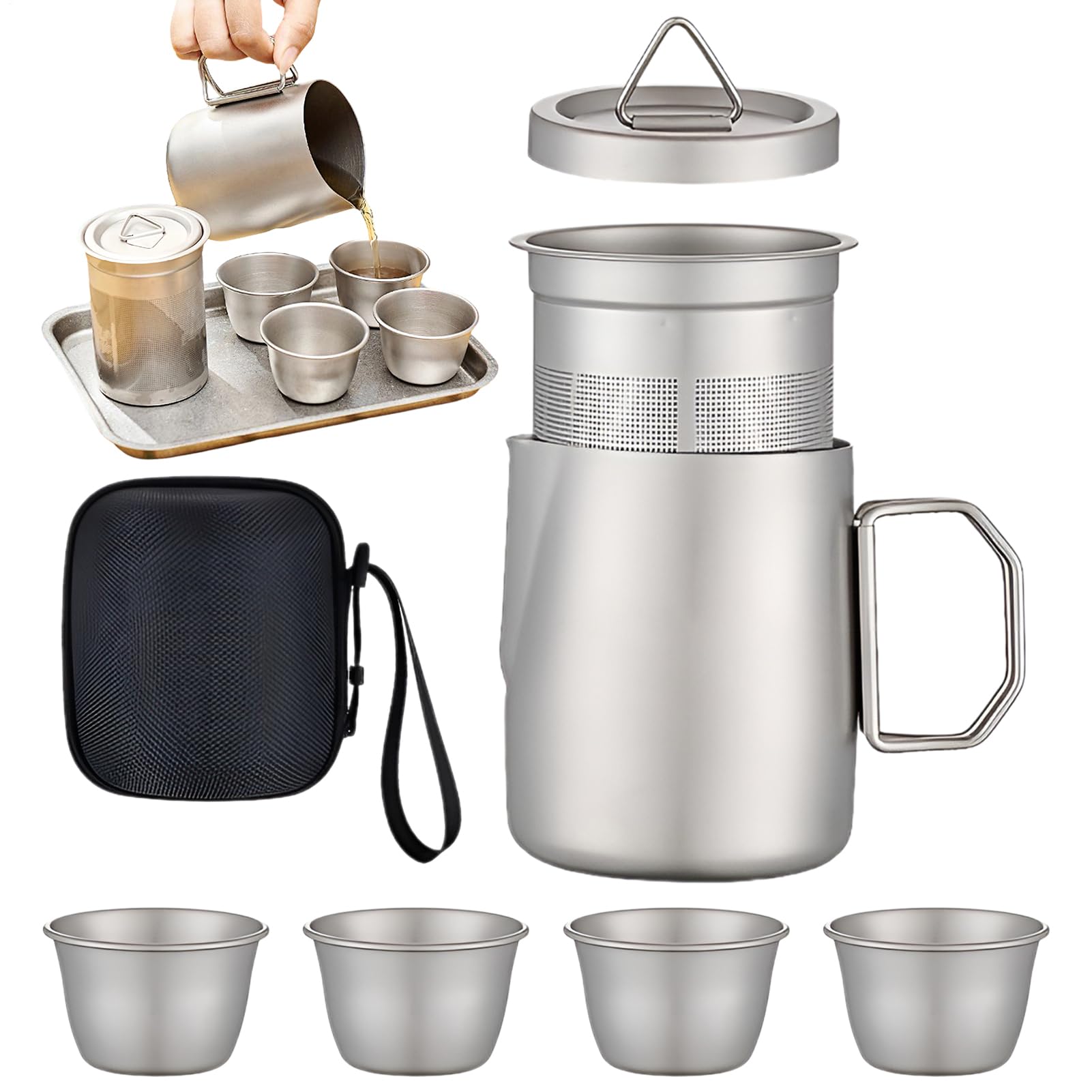 Zestaw Do Herbaty Przenośny Kubek 50 Ml | 4 Filiżanki Z Dzbankiem I Zaparzaczem na świeżym powietrzu, w podróży, na piesze wycieczki, piknik, w domu, wewnątrz, dla