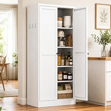 61 Inch Kitchen Pantry Cabinet, Tall Metal Storage Cabinet with 2 Doors and 4 Adjustable Shelves for Dining, Office, Living Room, Bathroom, Freestanding Kitchen Cabinet with Handles