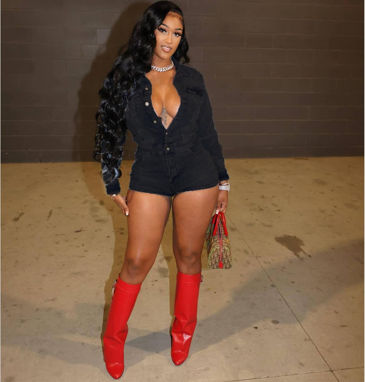 Molilove Women's Vintage Short Denim Jumpsuit Long Sleeve Button Down Jean Jumpsuit Romper with Pocket Sexy Going Out Outfits - Image 4