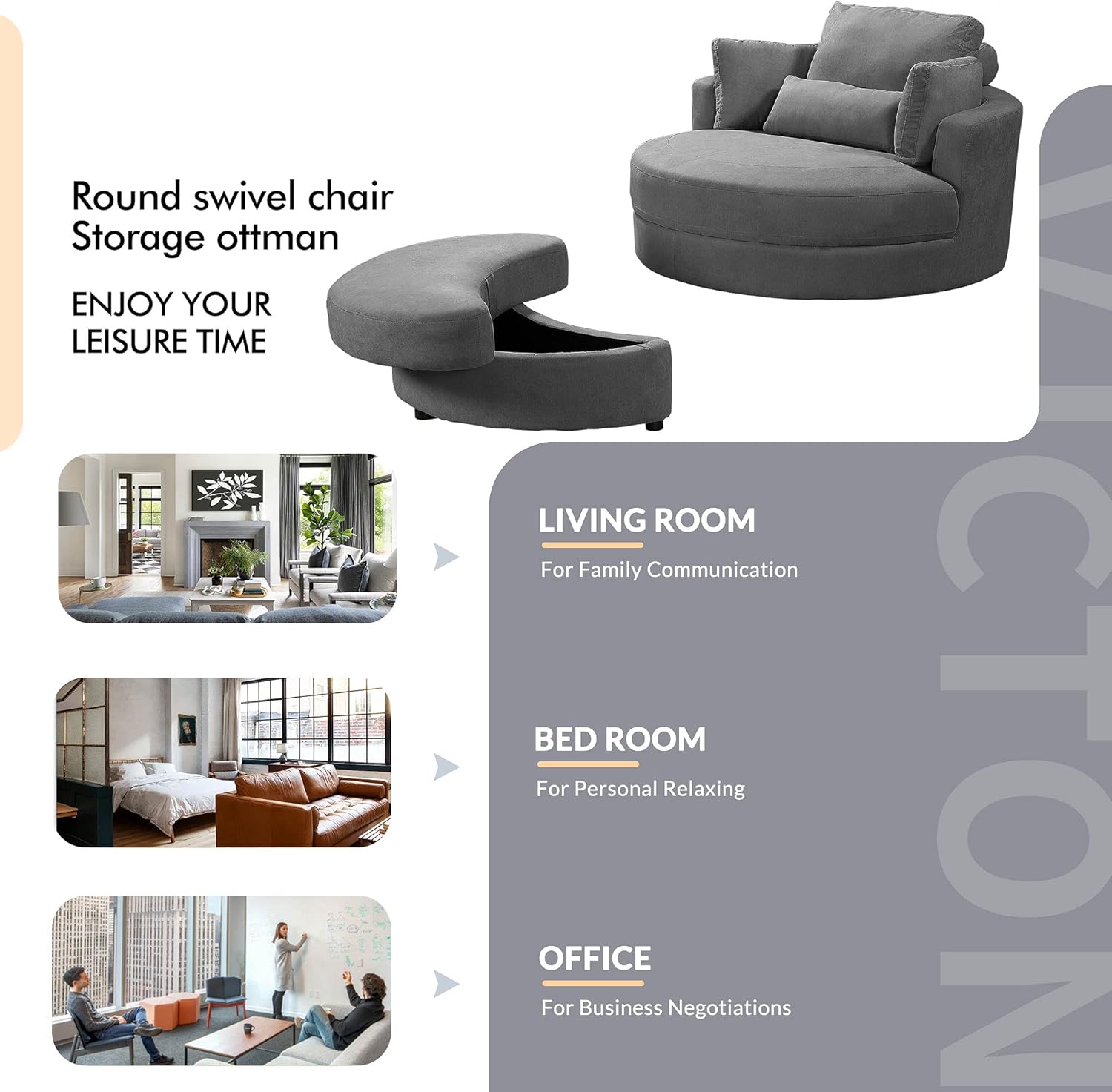 Familymill Linen Accent Swivel Barrel Sofa Chair/Big Round Club Lounge Chair with Storage Ottoman and Pillows for Living Room/Bedroom/Office Dark Grey