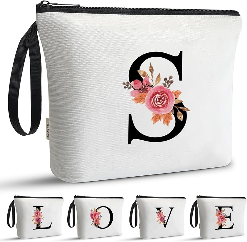 A-Z BAG Personalised Initial Makeup Bag with Floral Letter,Gifts for Women,Mum,Friend,Sister,Teenage Girls,Bridesmaid,Cosmetic Wash Bag & Toiletry Pouch,W