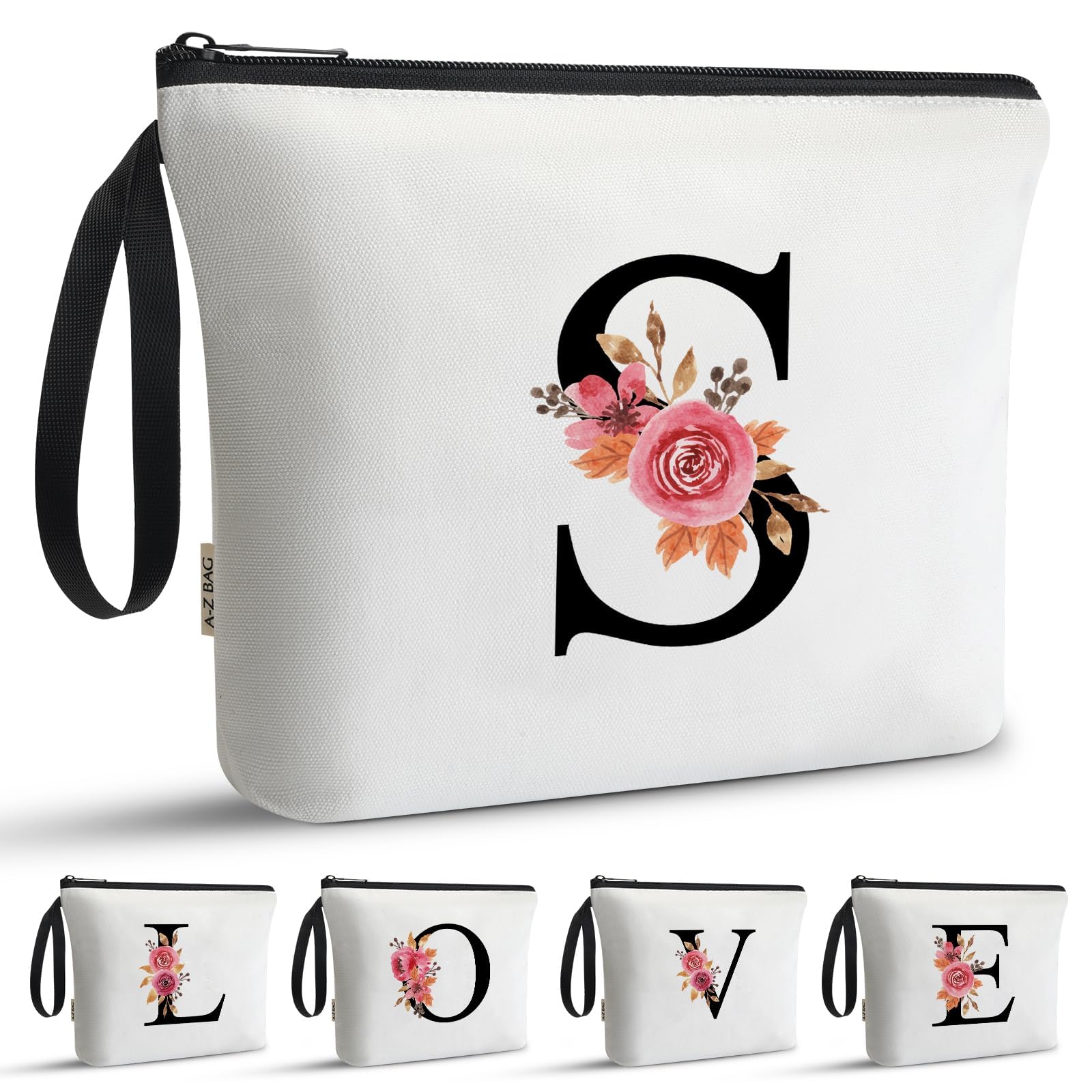 A-Z BAG Personalised Initial Makeup Bag with Floral Letter,Gifts for Women,Mum,Friend,Sister,Teenage Girls,Bridesmaid,Cosmetic Wash Bag & Toiletry Pouch,B