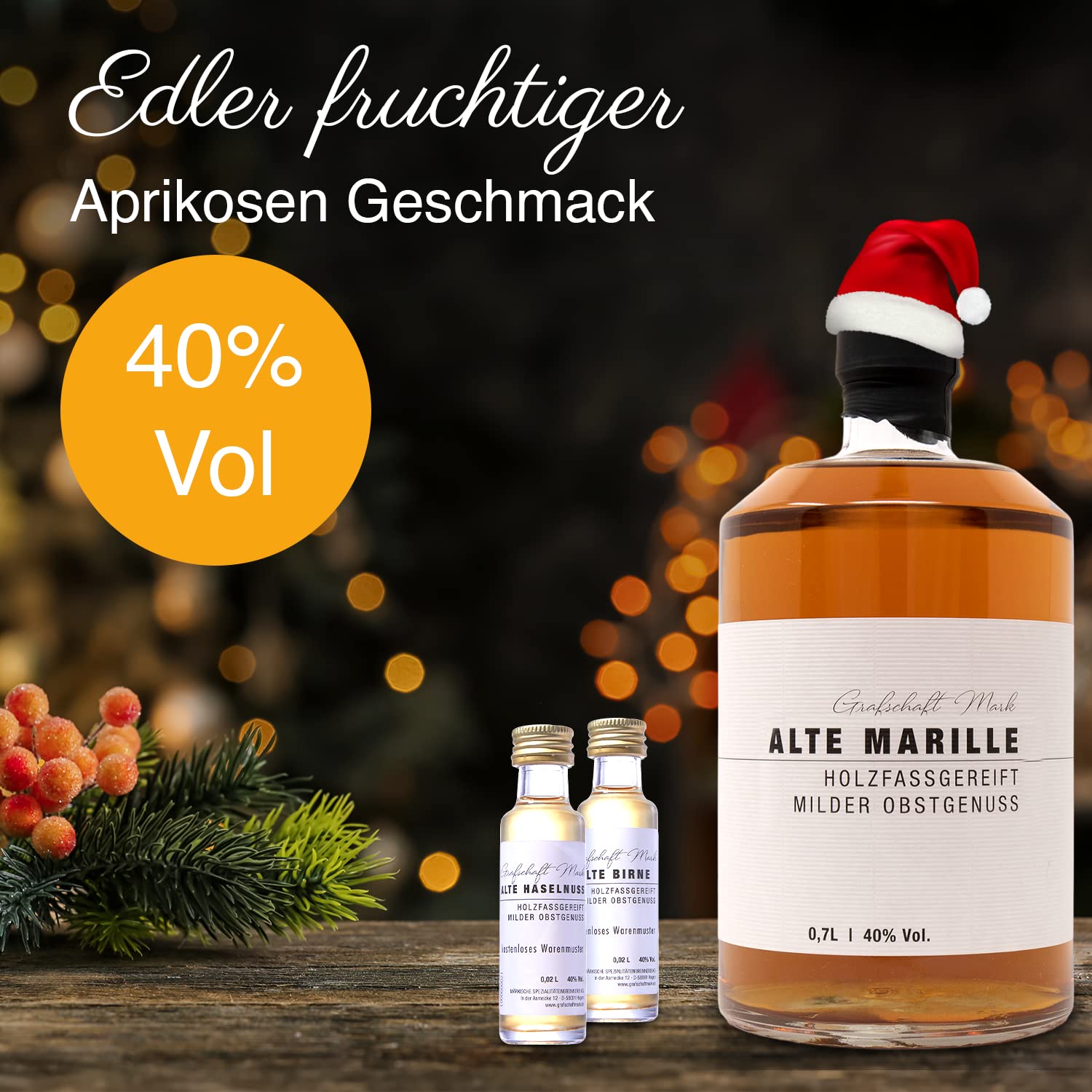 Grafschaft Mark Alte Marille Schnaps Geschenkset | 1x 0,7 L & 2x 0,02 L | 40% Alkohol | edle Holzbox mit Marillenbrand, Birnenbrand, Haselnussbrand | Obstler im Holzfass gelagert | Schnaps Geschenk