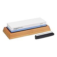 Amazon Basics Whetstone Sharpening Stone - Dual-Sided 1000/6000 Grit with Angle Guide & Non-Slip Bamboo Base