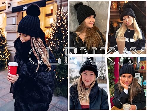 Miniatura 7 de Qlenkay Gorro con extensión de cabello de 14 pulgadas, peluca ondulada y rizada, gorro de punto acanalado, postizo sintético desmontable con pompón