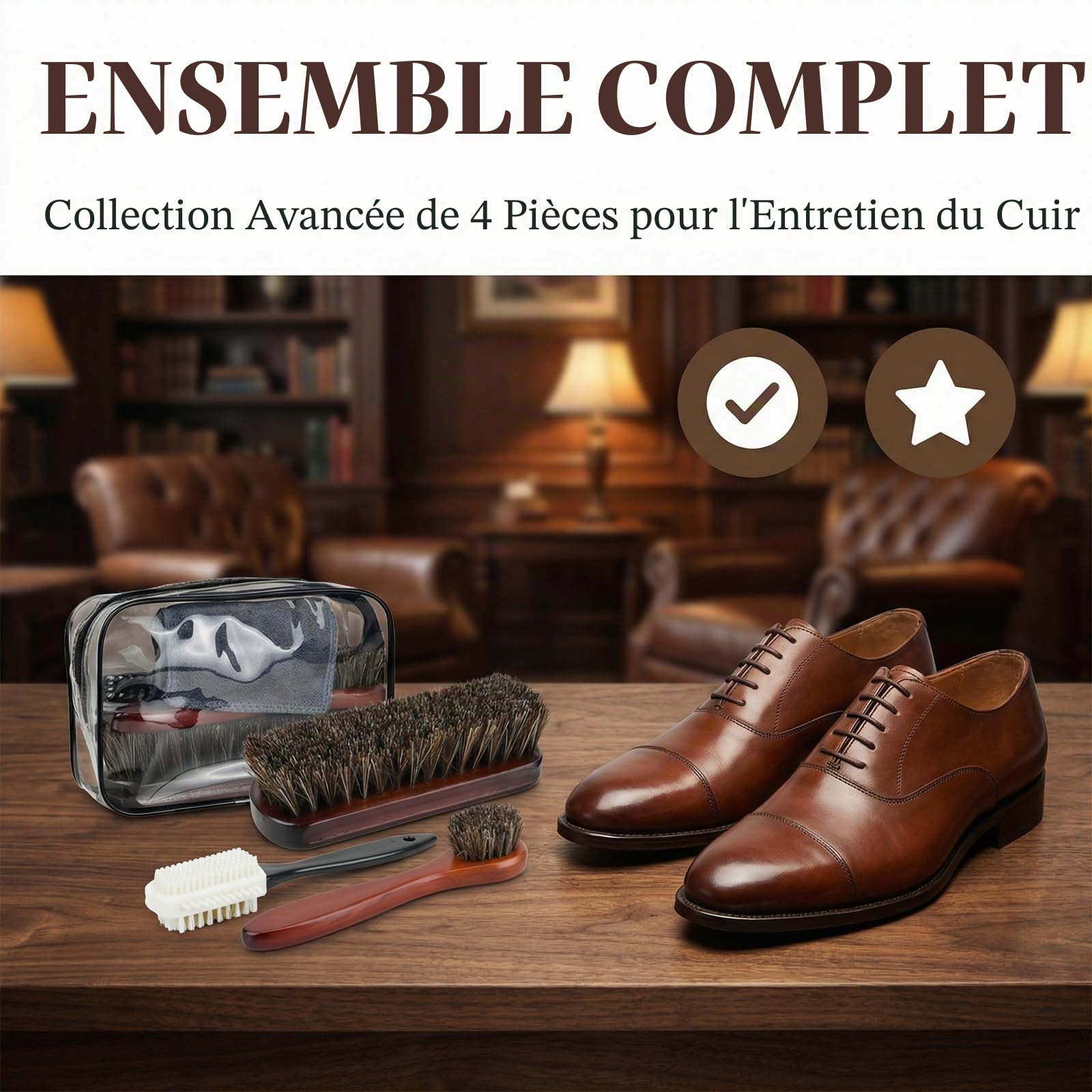 Kit d'Entretien Chaussures 5 Pièces avec Sac de Rangement - Crin de Cheval et Microfibre pour Cuir Lisse et Daim - Brosse à Lustrer et Brosse à Daim - Nettoyage Sans Rayures