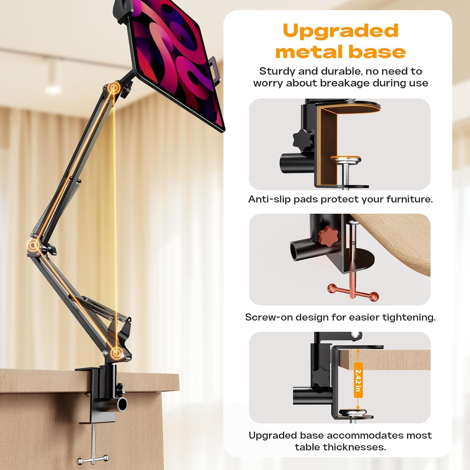 2 Pack Gooseneck Phone Holder for Bed Flexible Long Arm Phone Mount for Desk Upgraded Metal Stable Clip Bed Phone Holder for iPhone iPad mini 7 Kindle Switch All 4.7-13” Devices,Black