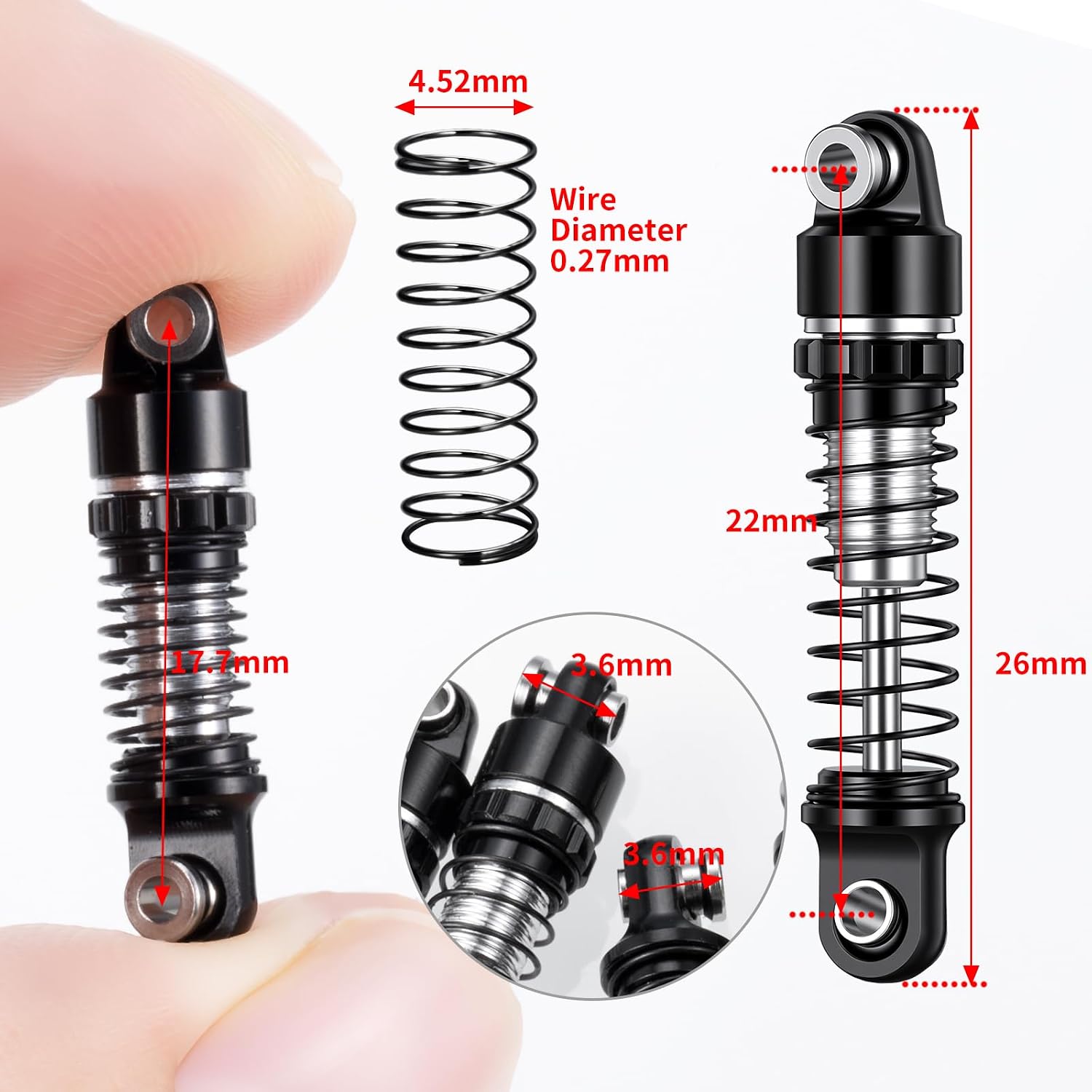 RCLIONS Aluminum 1/30th RC Car Shocks 22mm Shock Absorber for AXIAL SCX30 K10 JLU RC Crawler Car Upgrade Parts (Black)
