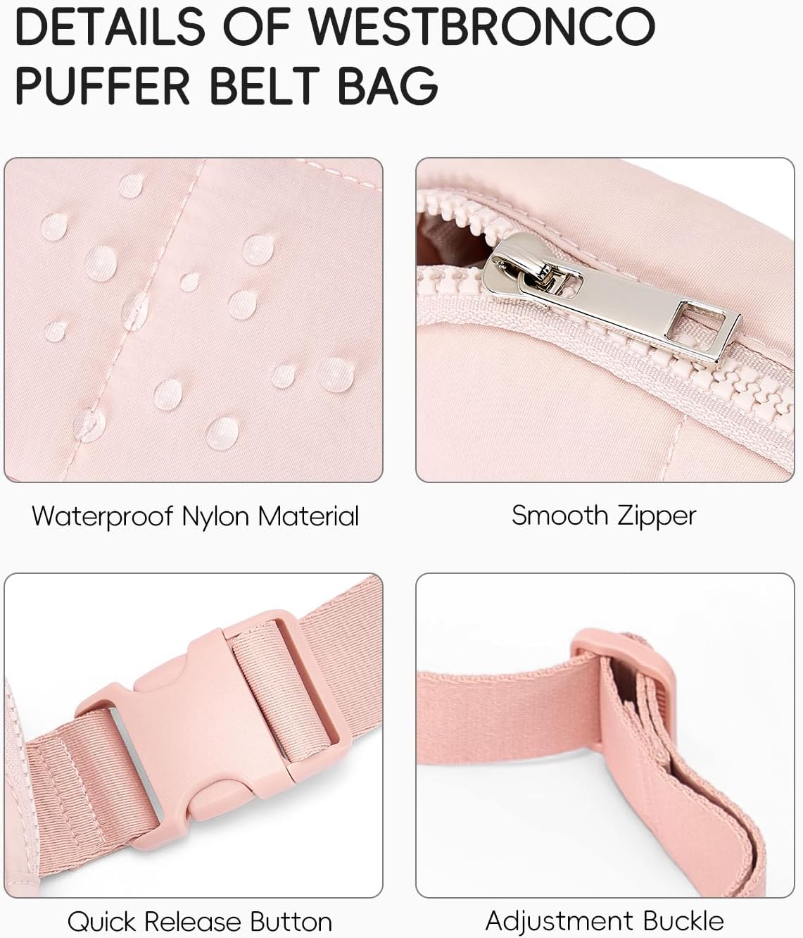 WESTBRONCO Puffer Fanny Packs for Women Quilted Nylon Waterproof Belt Bag with 2 Zipper, Puffy Crossbody Bag with Adjustable Strap, 1L Waist Bag for Travel Daily - Image 4