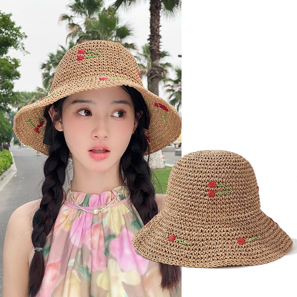 Women Floppy Straw Sun Hat Wide Brim Floral Beach Hat Packable Roll up Bucket Cap UPF 50+ - Image 8
