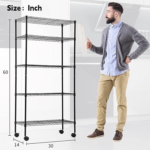 Miniatura 2 de BLKMTY Estantería de alambre de 5 niveles, estantes de almacenamiento ajustables en altura, estantes de metal compactos con ruedas para despensa,