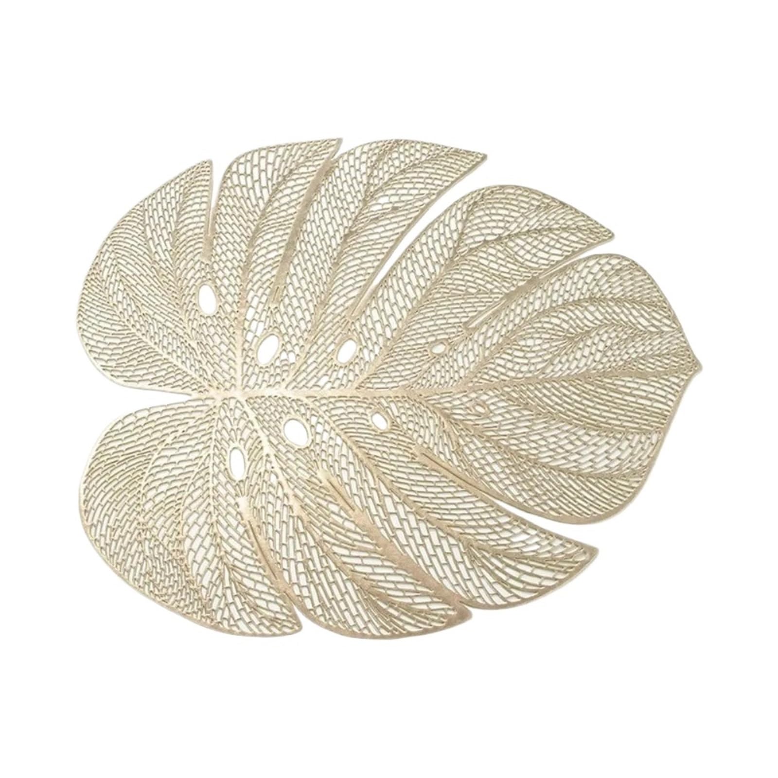 PVC Dining Table Mat Hollow Leaf Shape Placemat Heat Resistant Anti Slip Monstera Waterproof PVC Material(Gold)