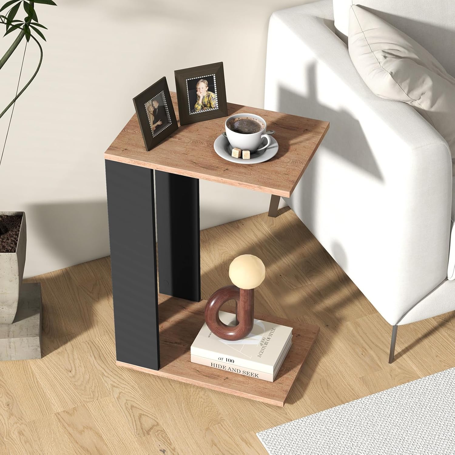 Giantex Rolling C Shaped End Table, 2-Tier Sofa Side Table with Universal Wheels & Storage Shelf, Narrow Nightstand for Small Space, Mobile Snack Couch Tray Table for Living Room & Bedroom