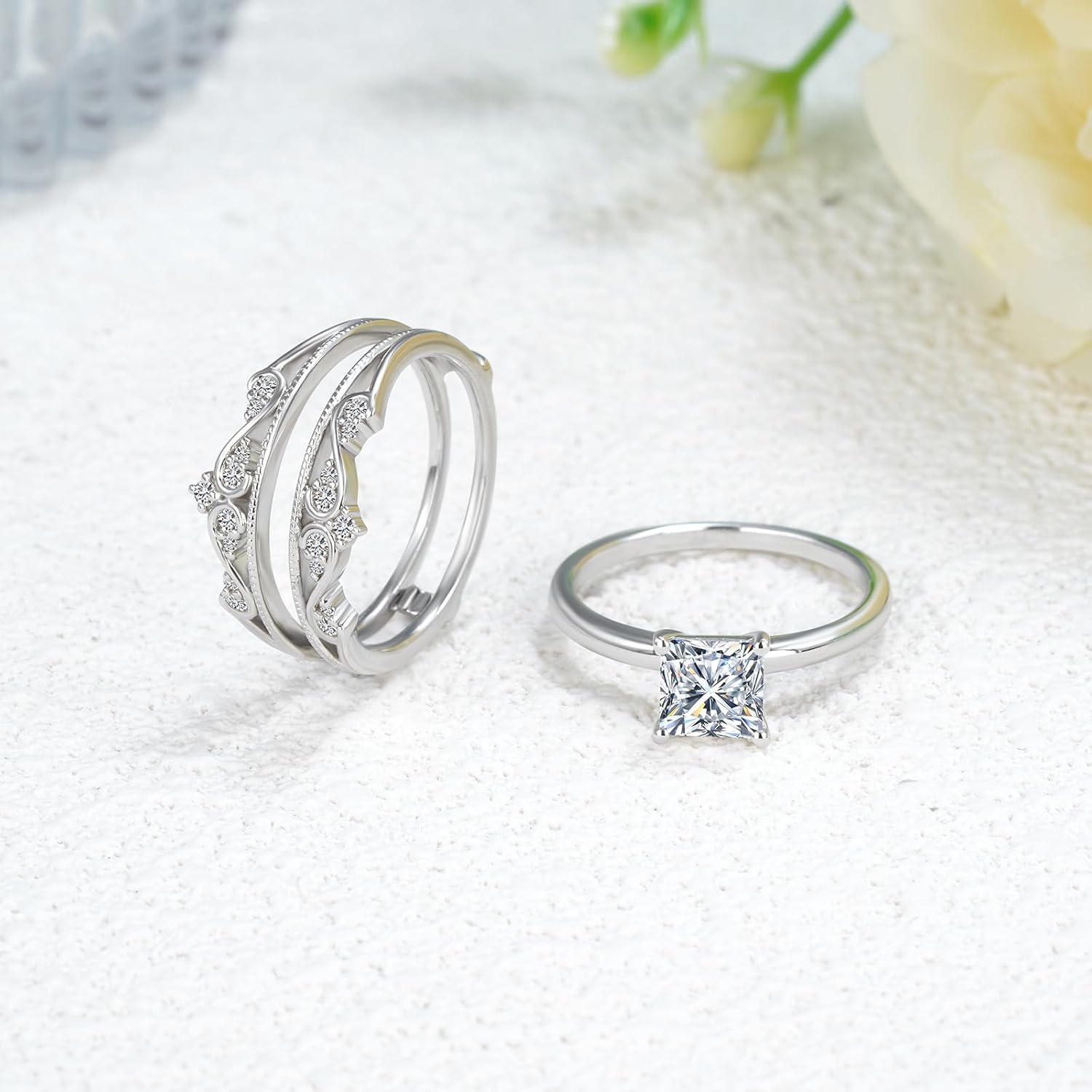 Princess-Cut Moissanite Engagement Rings Sets for Women,10K 14K 18K Real Gold Infinity Wedding Bands Set,Bridal Ring Set with Free Engraving